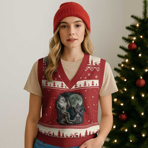 Funny Three Alpha Wolf Howling Moon V-Neck Knit Sweater Vest Weird Cringe Werewolf Meme TS11 Red Beige Print Your Wear