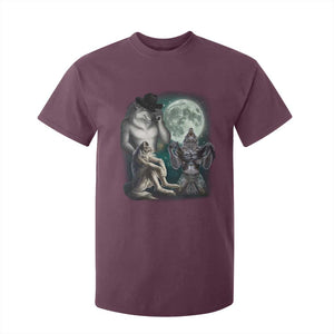 Funny Three Alpha Wolf Howling Moon T Shirt For Kid Weird Cringe Werewolf Meme TS11 Maroon Print Your Wear