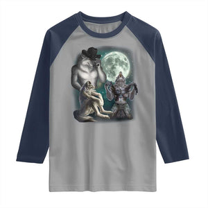 Funny Three Alpha Wolf Howling Moon Raglan Shirt Weird Cringe Werewolf Meme TS11 Sport Gray Navy Print Your Wear