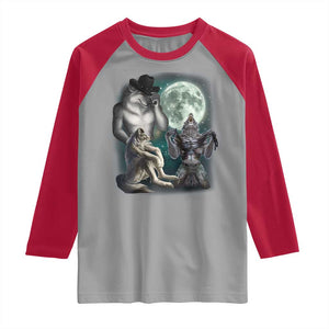 Funny Three Alpha Wolf Howling Moon Raglan Shirt Weird Cringe Werewolf Meme TS11 Sport Gray Red Print Your Wear
