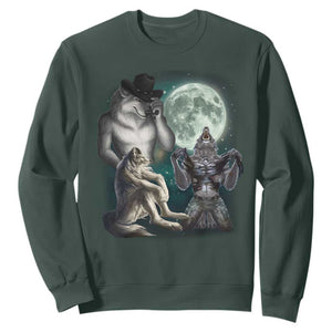 Funny Three Alpha Wolf Howling Moon Sweatshirt Weird Cringe Werewolf Meme TS11 Dark Forest Green Print Your Wear