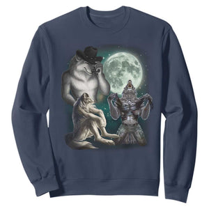 Funny Three Alpha Wolf Howling Moon Sweatshirt Weird Cringe Werewolf Meme TS11 Navy Print Your Wear