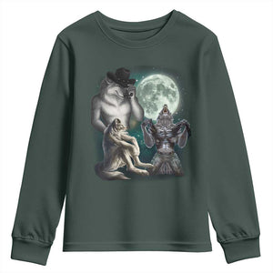 Funny Three Alpha Wolf Howling Moon Youth Sweatshirt Weird Cringe Werewolf Meme TS11 Dark Forest Green Print Your Wear