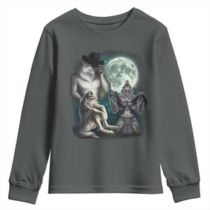 Funny Three Alpha Wolf Howling Moon Youth Sweatshirt Weird Cringe Werewolf Meme TS11 Dark Heather Print Your Wear