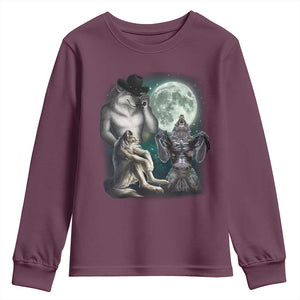 Funny Three Alpha Wolf Howling Moon Youth Sweatshirt Weird Cringe Werewolf Meme TS11 Maroon Print Your Wear