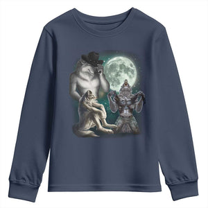 Funny Three Alpha Wolf Howling Moon Youth Sweatshirt Weird Cringe Werewolf Meme TS11 Navy Print Your Wear