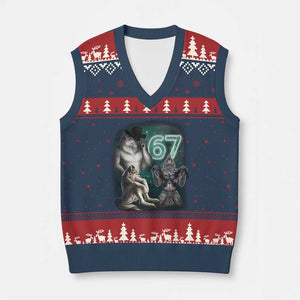 Funny 67 Alpha Wolf V-Neck Knit Sweater Vest Cringe Werewolf Howling Six Seven Meme TS11 Navy Red Print Your Wear