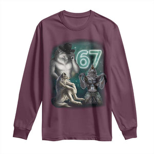 Funny 67 Alpha Wolf Long Sleeve Shirt Cringe Werewolf Howling Six Seven Meme TS11 Maroon Print Your Wear