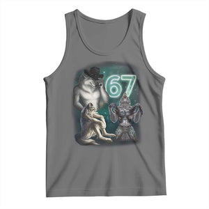 Funny 67 Alpha Wolf Tank Top Cringe Werewolf Howling Six Seven Meme TS11 Black Heather Print Your Wear