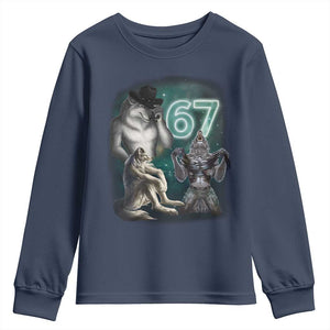 Funny 67 Alpha Wolf Youth Sweatshirt Cringe Werewolf Howling Six Seven Meme TS11 Navy Print Your Wear
