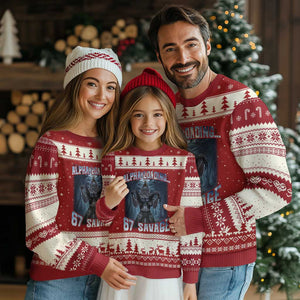 Funny 67 Alpha Wolf Ugly Christmas Sweater Alpha Loading 67 Savage Six Seven Gen Z Meme TS11 Red Beige Print Your Wear