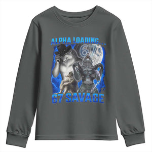 Funny Six Seven Alpha Wolf Youth Sweatshirt Alpha Loading 67 Savage Wolves Moon Meme TS11 Dark Heather Print Your Wear