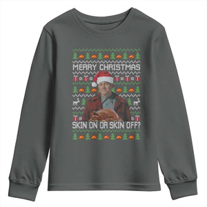 Ed Gein Christmas Youth Sweatshirt Funny Merry Christmas Skin On Or Skin Off Turkey TS11 Dark Heather Print Your Wear