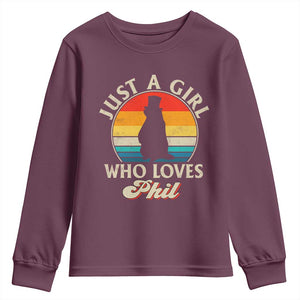 Funny Just A Girl Who Loves Phil Groundhog Youth Sweatshirt Punxsy Woodchuck Day Lover TS11 Maroon Print Your Wear