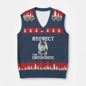 Funny Respect The Groundhog V-Neck Knit Sweater Vest Screaming Woodchuck Meme Groundhog Day TS11 Navy Red Print Your Wear