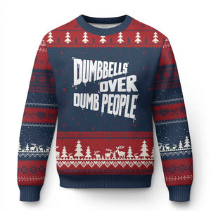 Funny Dumbbells Over Dumb People Ugly Christmas Sweater Gym Workout Fitness Motivation TS11 Navy Red Print Your Wear