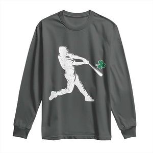 St Patricks Day Baseball Batter Silhouette Shamrock Long Sleeve Shirt TS11 Dark Heather Print Your Wear