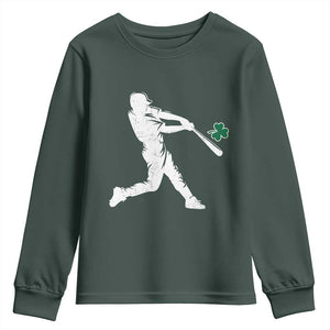 St Patricks Day Baseball Batter Silhouette Shamrock Youth Sweatshirt TS11 Dark Forest Green Print Your Wear