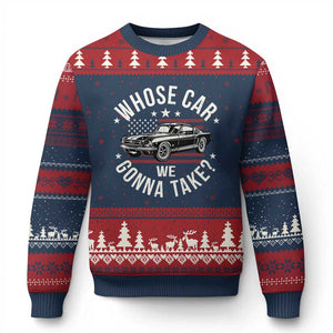 Funny Whose Car We Gonna Take Meme Ugly Christmas Sweater Car Enthusiast Vintage American Flag TS11 Navy Red Print Your Wear