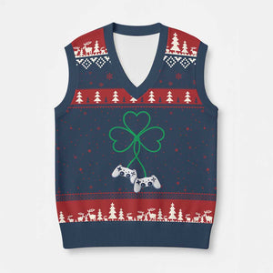 Video Game Lover St Patricks Day with Shamrock Controllers V-Neck Knit Sweater Vest TS11 Navy Red Print Your Wear