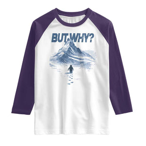 Penguin But Why Raglan Shirt Funny Penguin Snowy Mountain Meme TS11 White Purple Print Your Wear