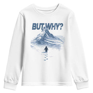 Penguin But Why Youth Sweatshirt Funny Penguin Snowy Mountain Meme TS11 White Print Your Wear