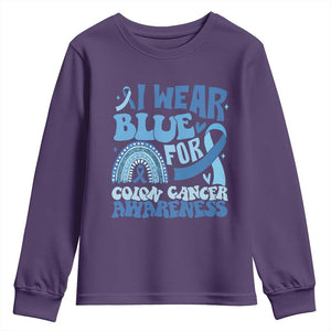 I Wear Blue For Colon Cancer Awareness Youth Sweatshirt Rainbow Dark Blue Ribbon TS11 Purple Print Your Wear