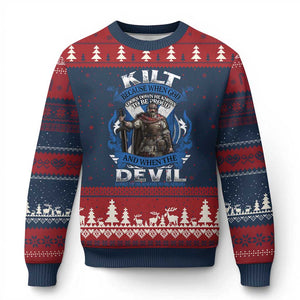 Kilt Because When God Looks Down He Knows To Be Proud And When The Devil Looks Up He Knows To Be Afraid Ugly Christmas Sweater TS11 Navy Red Print Your Wear