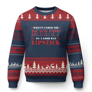 Funny Scottish Pride Ugly Christmas Sweater What's Under The Kilt On A Good Day Lipstick Tartan TS11 Navy Red Print Your Wear
