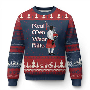 Funny Scottish Pride Ugly Christmas Sweater Real Men Wear Kits Tartan Bagpipe TS11 Navy Red Print Your Wear