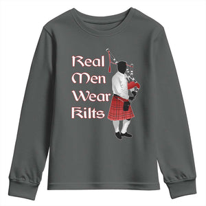 Funny Scottish Pride Youth Sweatshirt Real Men Wear Kits Tartan Bagpipe TS11 Dark Heather Print Your Wear