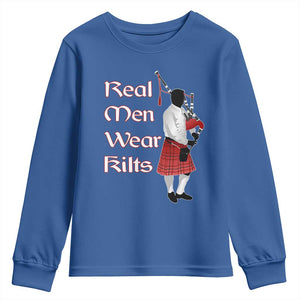 Funny Scottish Pride Youth Sweatshirt Real Men Wear Kits Tartan Bagpipe TS11 Royal Blue Print Your Wear