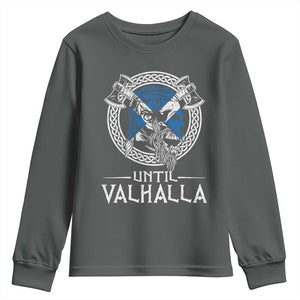 Funny Scottish Viking Youth Sweatshirt Until Valhalla Vintage Scottish Flag Skull TS11 Dark Heather Print Your Wear