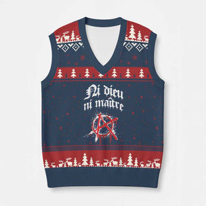 Ni Dieu Ni Maitre No God No Masters V-Neck Knit Sweater Vest Anarchy Symbol TS11 Navy Red Print Your Wear