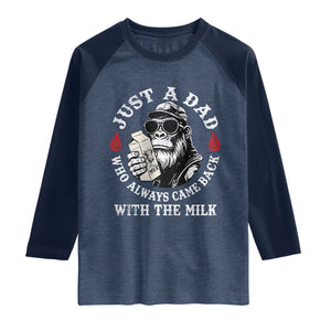 Just A Dad Who Always Came Back With The Milk Funny Bigfoot Father's Day Raglan Shirt TS11 Heather Denim Navy Print Your Wear