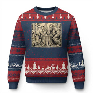 Theodore Roosevelt and Bigfoot Arm Wrestling Retro Ugly Christmas Sweater TS11 Navy Red Print Your Wear