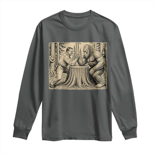 Theodore Roosevelt and Bigfoot Arm Wrestling Retro Long Sleeve Shirt TS11 Dark Heather Print Your Wear