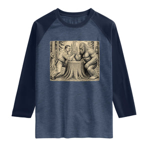 Theodore Roosevelt and Bigfoot Arm Wrestling Retro Raglan Shirt TS11 Heather Denim Navy Print Your Wear