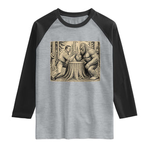 Theodore Roosevelt and Bigfoot Arm Wrestling Retro Raglan Shirt TS11 Heather Gray Black Print Your Wear