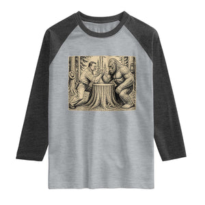 Theodore Roosevelt and Bigfoot Arm Wrestling Retro Raglan Shirt TS11 Heather Gray Heather Charcoal Print Your Wear