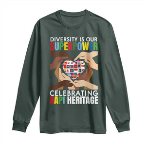 AAPI Heritage Month Long Sleeve Shirt Diversity Is Our Superpower Asian American and Pacific Islander Countries TS11 Dark Forest Green Print Your Wear