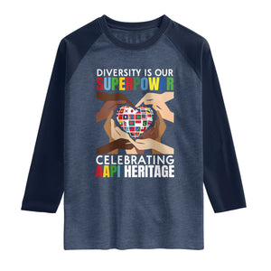 AAPI Heritage Month Raglan Shirt Diversity Is Our Superpower Asian American and Pacific Islander Countries TS11 Heather Denim Navy Print Your Wear