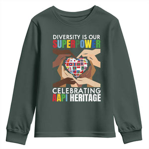 AAPI Heritage Month Youth Sweatshirt Diversity Is Our Superpower Asian American and Pacific Islander Countries TS11 Dark Forest Green Print Your Wear