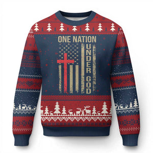 Funny One Nation Under God Ugly Christmas Sweater 4th Of July Patriotic Christian American Flag TS11 Navy Red Print Your Wear
