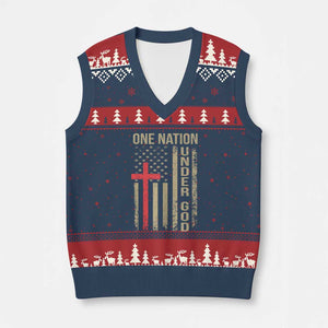 Funny One Nation Under God V-Neck Knit Sweater Vest 4th Of July Patriotic Christian American Flag TS11 Navy Red Print Your Wear