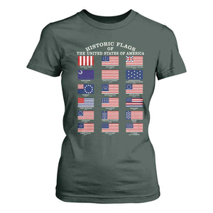 Historic Flags of The United States of America T Shirt For Women US History 4th of July TS11 Dark Forest Green Print Your Wear
