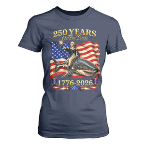 250 Years George Washington Riding Shark T Shirt For Women Funny July 4th American Flag 1776 2026