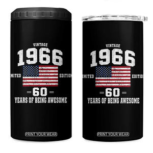 60th Birthday 4 in 1 Can Cooler Tumbler Vintage 1966 Limited Edition 60 Years Of Being Awesome USA Flag