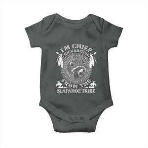 Funny I'm Chief Kickabitch From The Slapahoe Tribe Baby Onesie Native American Indigenous Racoon TS11 Dark Heather Print Your Wear