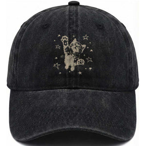 90s Y2k Cat Jumping Stars 2000s Grunge Vintage Graphic Washed Cotton Baseball Cap